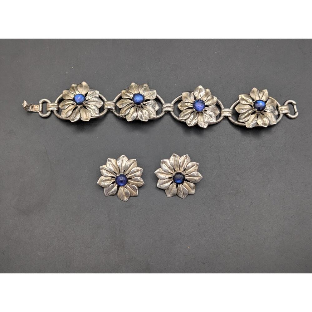 Kreisler Floral Bracelet Clip Earrings Set Blue Moonstone Glass Mid Century